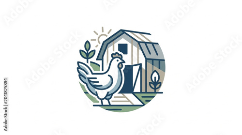 Fotografía Farm chicken and barn illustration with sun and plants.
