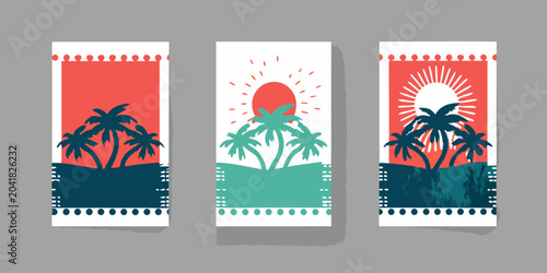 Photos tropical banners with palm trees and sun vector illustration orange red green