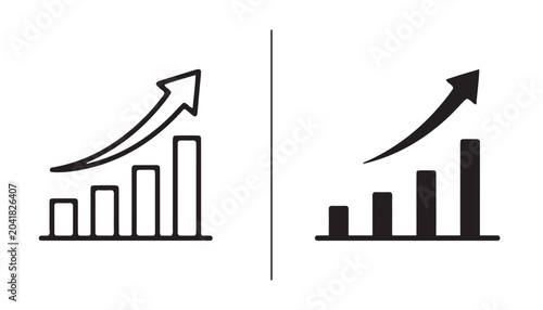 Growth Chart Icons: Two distinct icons featuring a bar graph with an upward trending arrow, one outlined and the other solid black, symbolizing progress and positive trends.