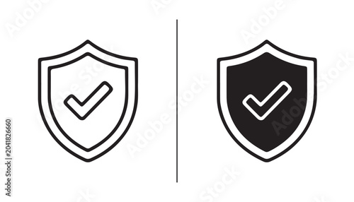 Tableau sur toile Shield with Check Mark: A graphic representation of a shield in both outline and filled styles, each featuring a prominent check mark symbolizing security, protection, and verification
