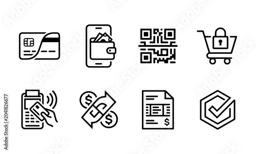 Tableau sur toile Payment icon set outline chip card mobile wallet QR cart POS tap invoice for fin