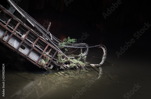 Fotografie the haunting reality of long-term human abandonment is powerfully captured where a skeletal, heavily rusted escalator descends directly into a dark, flooded subterranean abyss