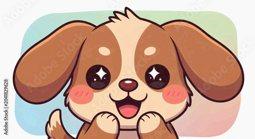 Cute cartoon happy dog with big eyes, rosy cheeks, and perky ears, looking excited and cheerful