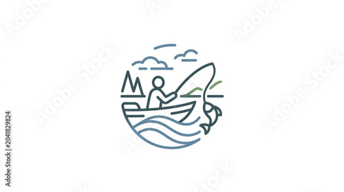 Εκτύπωση καμβά Fisherman in boat catches fish with rod and reel.