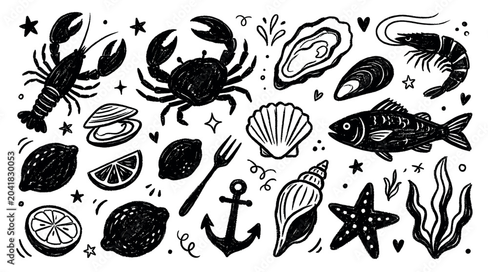 Fototapeta premium Various hand-drawn black seafood and marine elements, including lobster, crab, fish, and shells, scattered on a clean white background