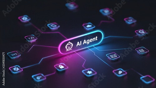 AI agentic workflow automation artificial intelligence agent software interface nodes triggers data tool dashboard coding icon flow process database technology 3d rendering.
