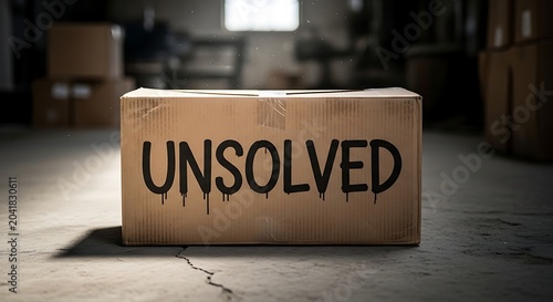 Cardboard Box Labeled Unsolved Sitting on Concrete Floor in Dim Warehouse