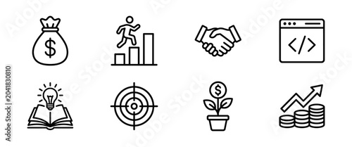 Set of business and finance line icons including growth and development