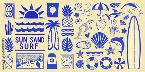 Canvas Print summer beach icons in blue monochrome vector style surfboard palm tree sun