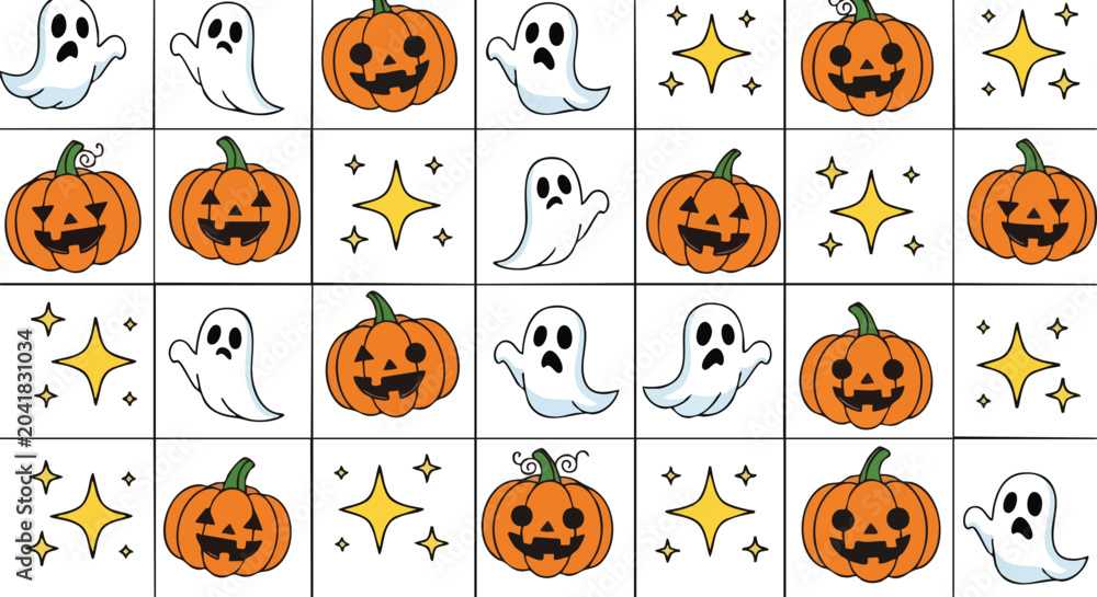 Fototapeta premium Halloween Seamless Pattern With Smiling Orange Pumpkins White Floating Ghosts and Twinkling Yellow Stars on White Background