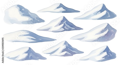 Watercolor Snowy Mountain Peaks Arranged on Clean White Background