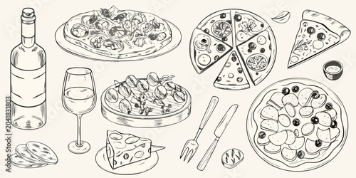 hand drawn sketch collection of italian food items pizza wine glass cheese