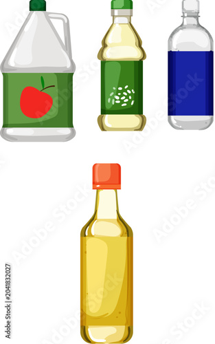 Foto Various vinegar products in different bottles and containers, including apple ci