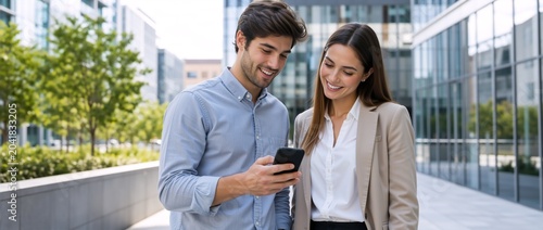 Smiling business professionals looking at a smartphone outside a corporate building. Man and woman sharing digital content on a mobile device