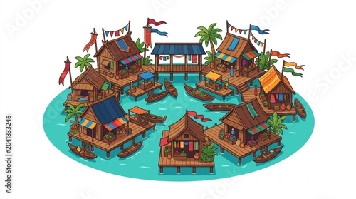 Tableau sur toile Floating Village Scene With Traditional Houses and Boats.