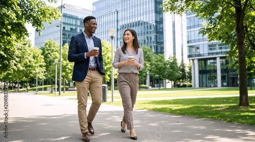 Diverse business colleagues walking and talking outdoors. Professional man and woman holding coffee cups outside a modern corporate office building. Corporate lifestyle and networking concept