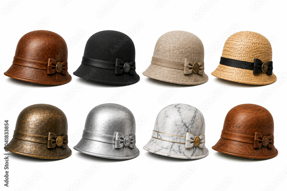 Fototapeta premium cloche hat, vintage hat, womens hat, hat collection, isolated on white, leather cloche, straw cloche hat, bronze hat, silver hat, marble hat