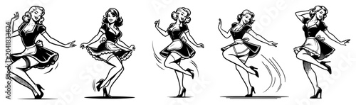 Tableau sur toile Retro pinup dancing woman in dresses vector set, vintage 1950s housewife twirlin