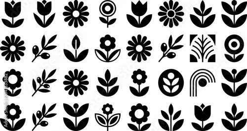 Minimalist black vector graphic collection featuring various decorative botanical flower and plant leaf icon designs