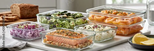 Obraz  z motywem Glass containers hold colorful balanced meals on a kitchen counter in bright daylight. Fresh food is ready for healthy eating
