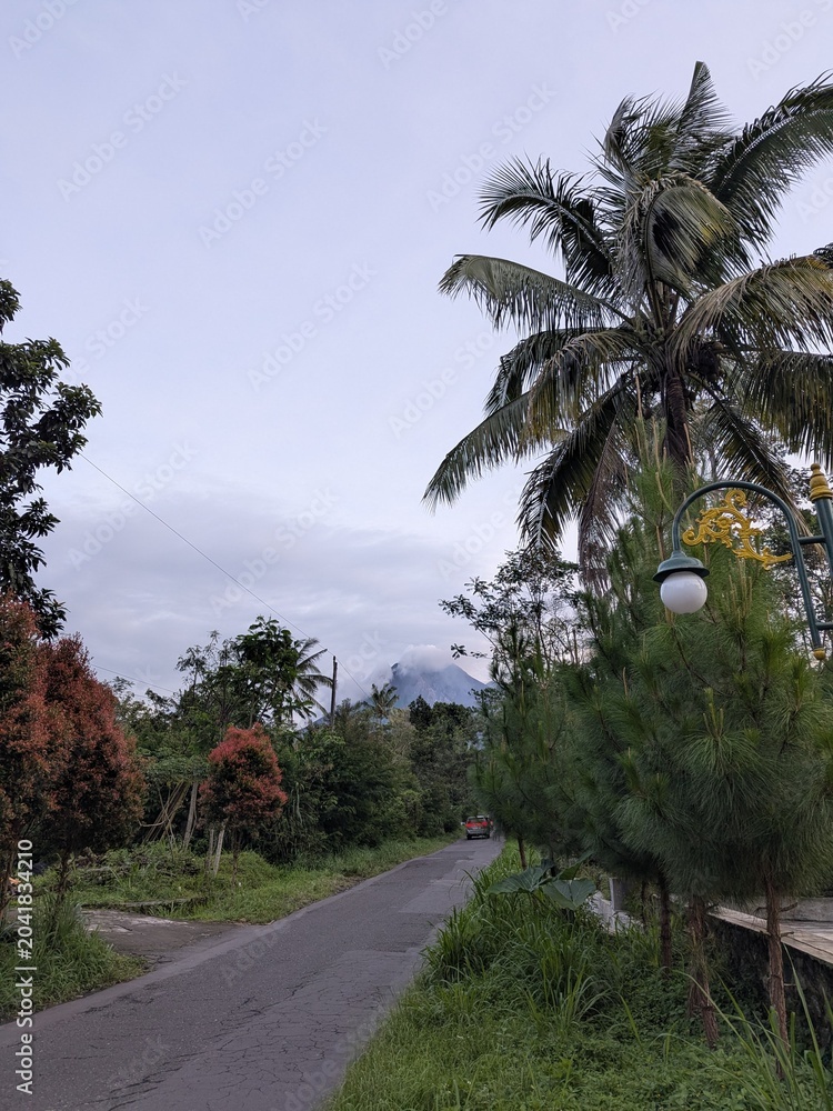 Fototapeta premium Rural road leading towards a distant mountain in a tropical landscape.