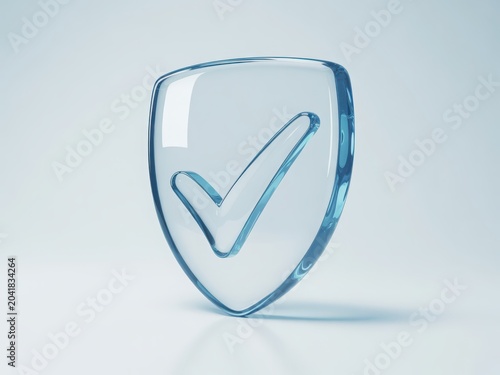 Modern glass shield with a blue checkmark symbolizing approval and security
