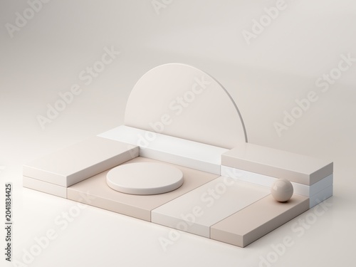 A minimalist and aesthetically pleasing podium with geometric shapes, cubes, cylinders, and arches in soft, natural tones. Axonometric view to showcase cosmetic and skincare products.