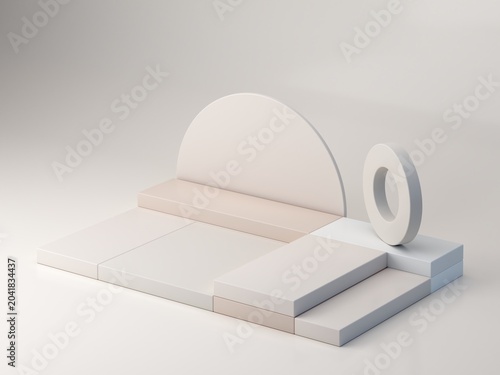 A minimalist and aesthetically pleasing podium with geometric shapes, cubes, cylinders, and arches in soft, natural tones. Axonometric view to showcase cosmetic and skincare products.