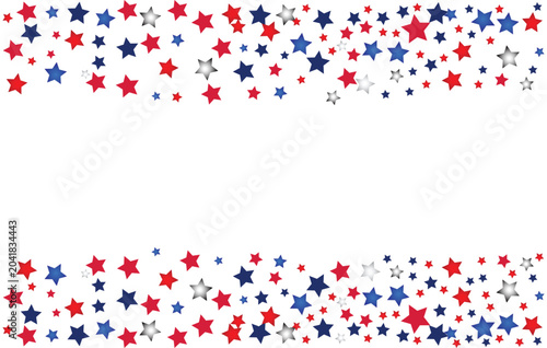 Red Blue and White usa star confetti borders, 4th of july, happy new year, festive celebration background for holidays, patriotic parties and events. Vector illustration and transparent PNG.