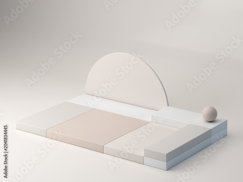 A minimalist and aesthetically pleasing podium with geometric shapes, cubes, cylinders, and arches in soft, natural tones. Axonometric view to showcase cosmetic and skincare products.