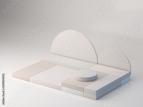 A minimalist and aesthetically pleasing podium with geometric shapes, cubes, cylinders, and arches in soft, natural tones. Axonometric view to showcase cosmetic and skincare products.