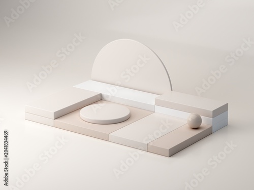 A minimalist and aesthetically pleasing podium with geometric shapes, cubes, cylinders, and arches in soft, natural tones. Axonometric view to showcase cosmetic and skincare products.