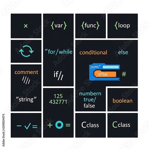 Colorful Programming Syntax Cards Arranged on Dark Coding Education Poster