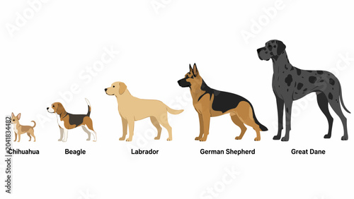 Foto Dog Breed Size Comparison: A visual representation comparing the sizes of five distinct dog breeds, from the tiny Chihuahua to the imposing Great Dane, showcasing their varied statures