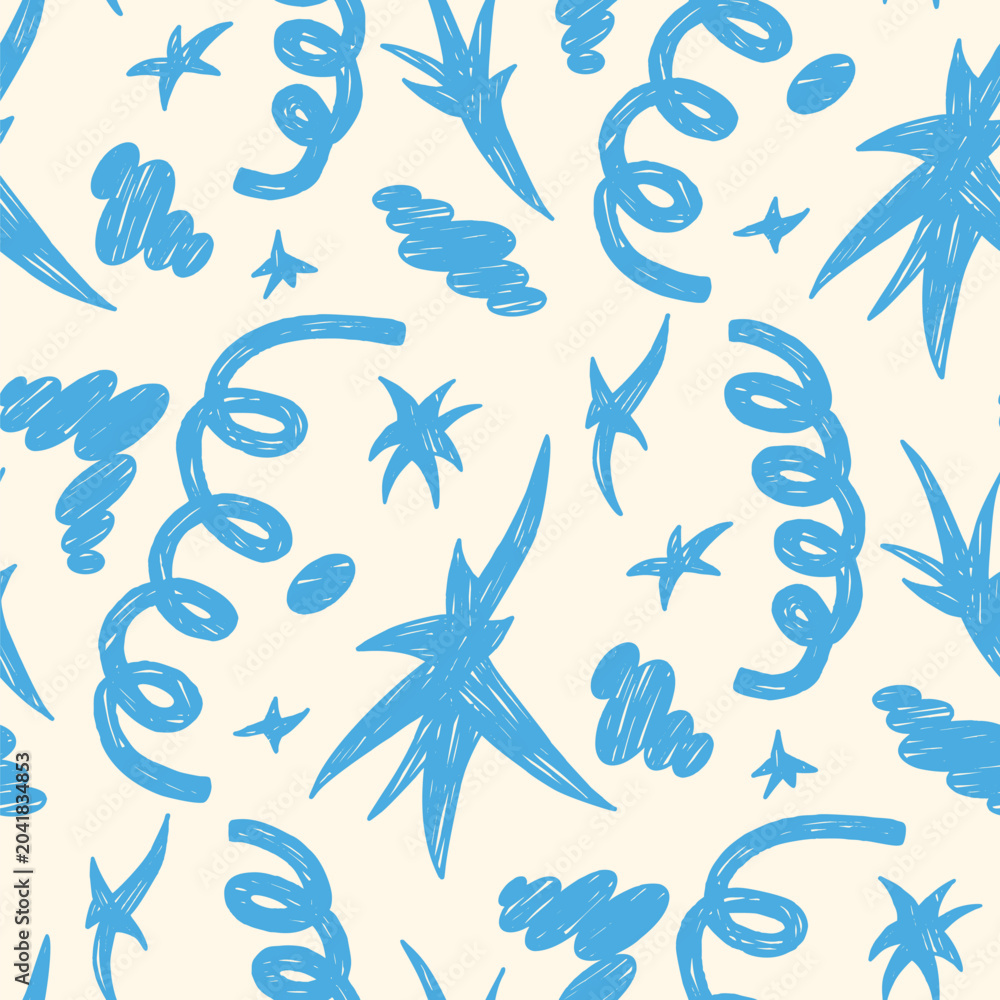 Fototapeta premium Playful seamless kid pattern with crayon squiggle on background. Cloud, starburst, confetti and fluffy blob for childish kindergarten print. Naive vector seamless backdrop with playful aop motif.