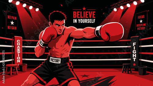 Obraz na plátně Boxing Champion's Focus: A determined boxer in red shorts and gloves prepares for battle in a brightly lit boxing ring, embodying the spirit of competition and self-belief