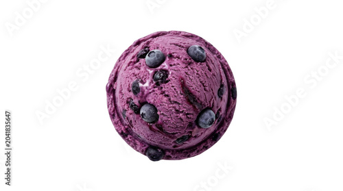 A single spherical scoop of purple blueberry ice cream with fresh whole berries embedded in the textured surface, isolated on a solid black