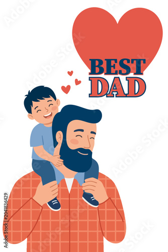 Fathers day banner of happy father and son celebrating family bond. Happy father sharing lovely family moment carrying his son on shoulders. Father enjoying sweet family moment together, best dad text