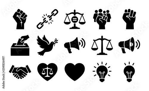 Foto Social Justice Icons Set: Equality, Freedom, Human Rights, Protest, Peace, Vote
