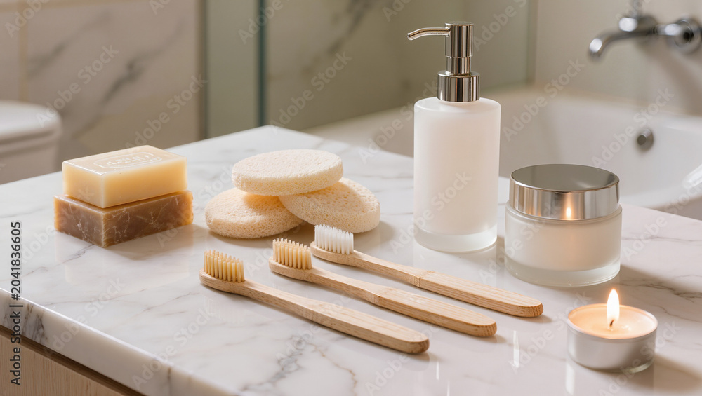 Naklejka premium Natural Bathroom Essentials with Bamboo Toothbrushes and Soaps