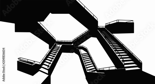 Stark graphic rendering of intersecting concrete stairways and elevated walkways