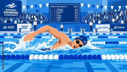 Konstfotografi Swimming Championship: A dynamic illustration depicts a male swimmer executing a powerful freestyle stroke during a national championship race