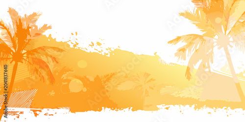 Tableau sur toile tropical palm trees on orange watercolor background summer landscape beach vacat