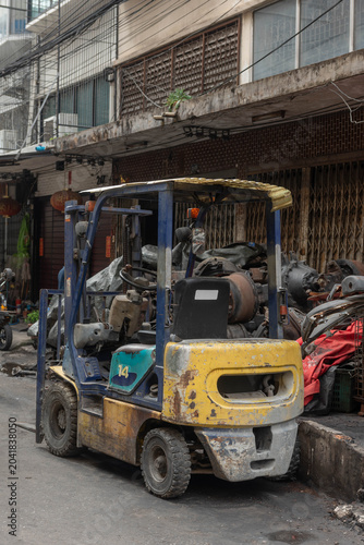 Forklift truck in workshop station background.
