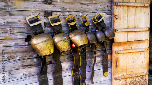 Canvastavla Old horse harnesses hang on a wooden wall in a stables during daytime showing si