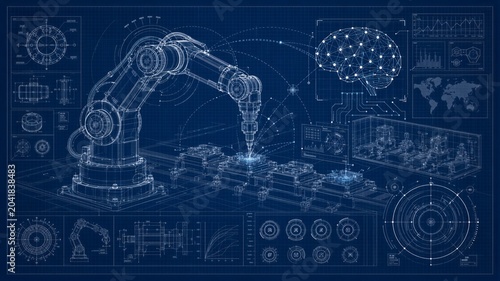 Robotic arm blueprint illustrating industrial automation. Technical drawing of mechanical assembly with artificial intelligence brain interface. Smart manufacturing digital factory concept
