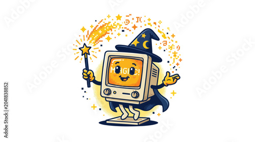 Slika na platnu Retro Computer Wizard with Magic Wand and Starry Hat