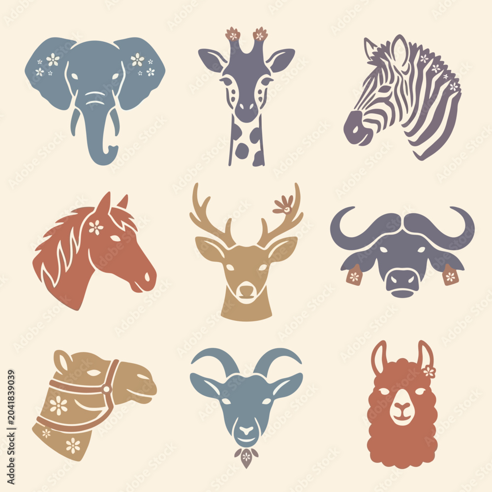 Fototapeta premium Colorful animal heads in illustration.