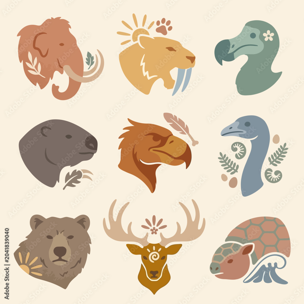 Fototapeta premium Colorful animal heads in profile.