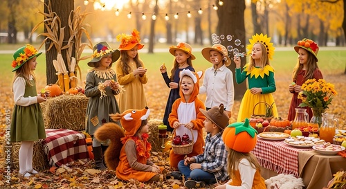 Children Celebrating Thanksgiving in Autumn Park.
